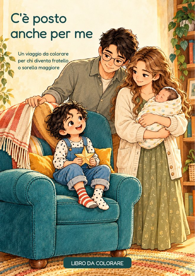 Copertina di C'è posto anche per me: mamma con il neonato, papà e il fratello maggiore sulla poltrona